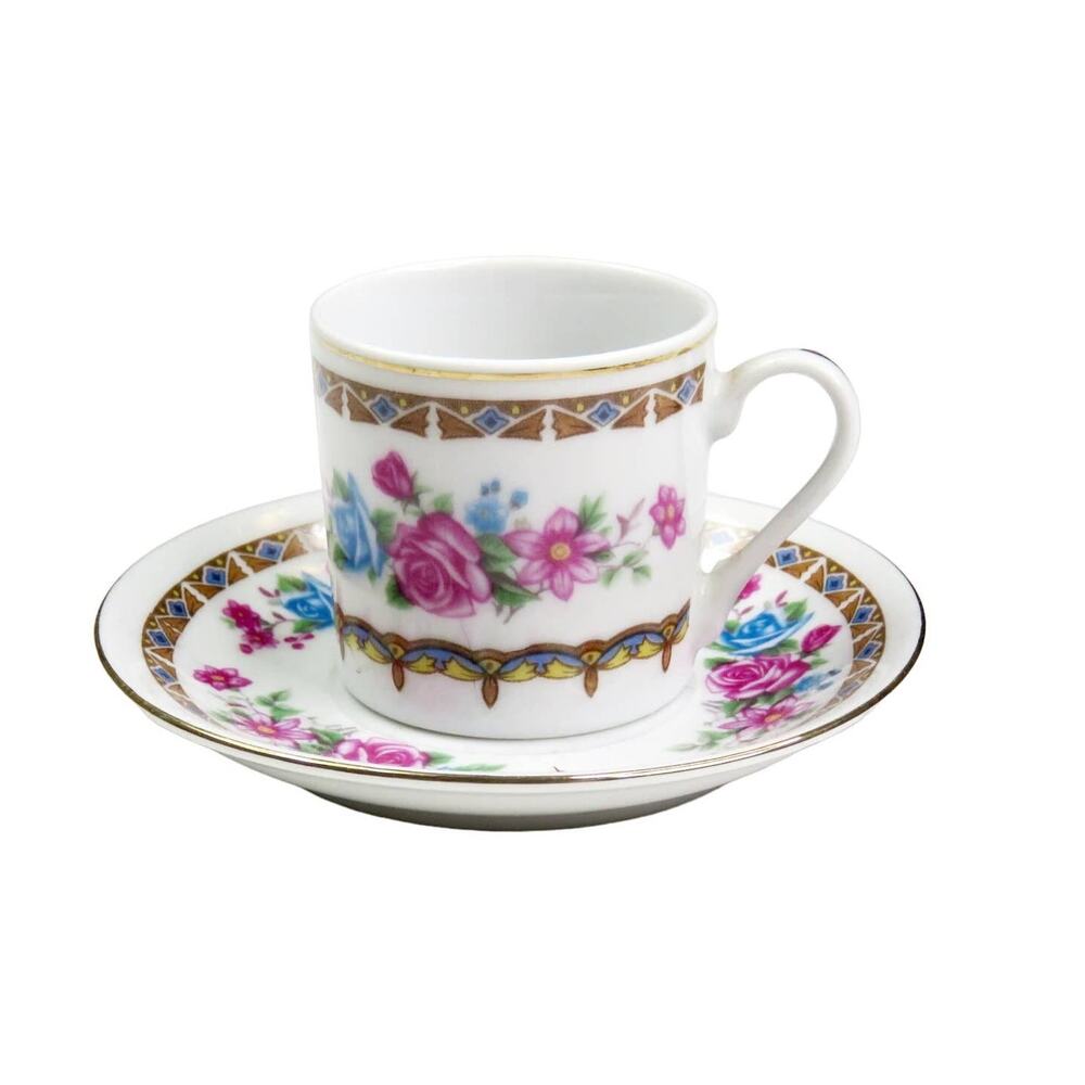 1980s Vintage Floral Teacup & Saucer Set Pink Blue China Decor Cottagecore